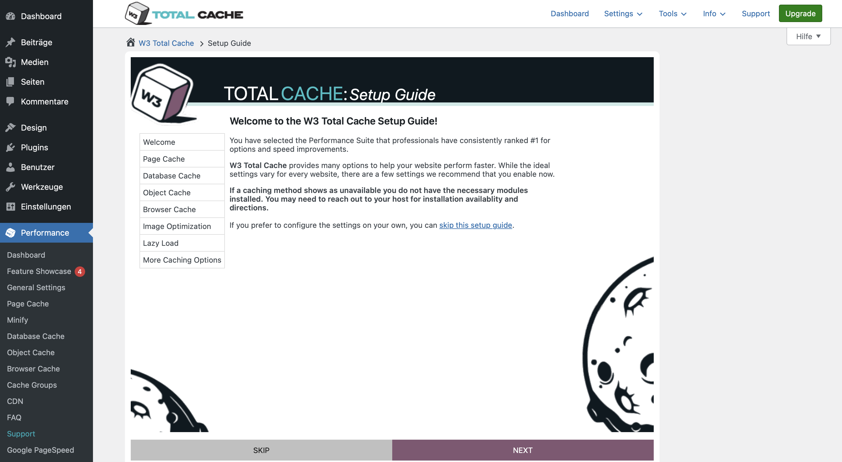 Menüoptionen von W3 Total Cache im WordPress-Backend Bild: Menüoptionen von W3 Total Cache im WordPress-Backend