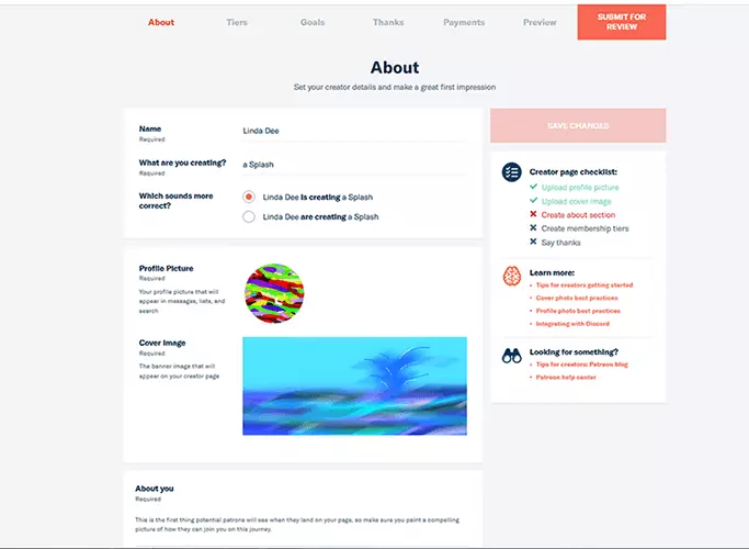 Bild: Backend der Patreon-About-Seite mit Nutzername, Spendenziel und Profilbild