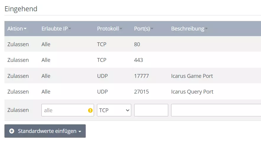Icarus-Server-Ports zulassen via IONOS Cloud Panel Bild: Icarus-Server-Ports zulassen via IONOS Cloud Panel