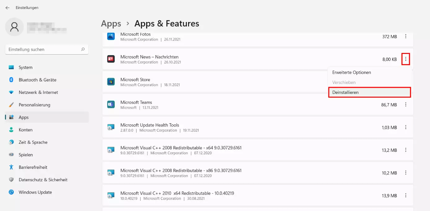 Bild: Windows 11: Menü „Apps & Features“ mit der Liste installierter Programme