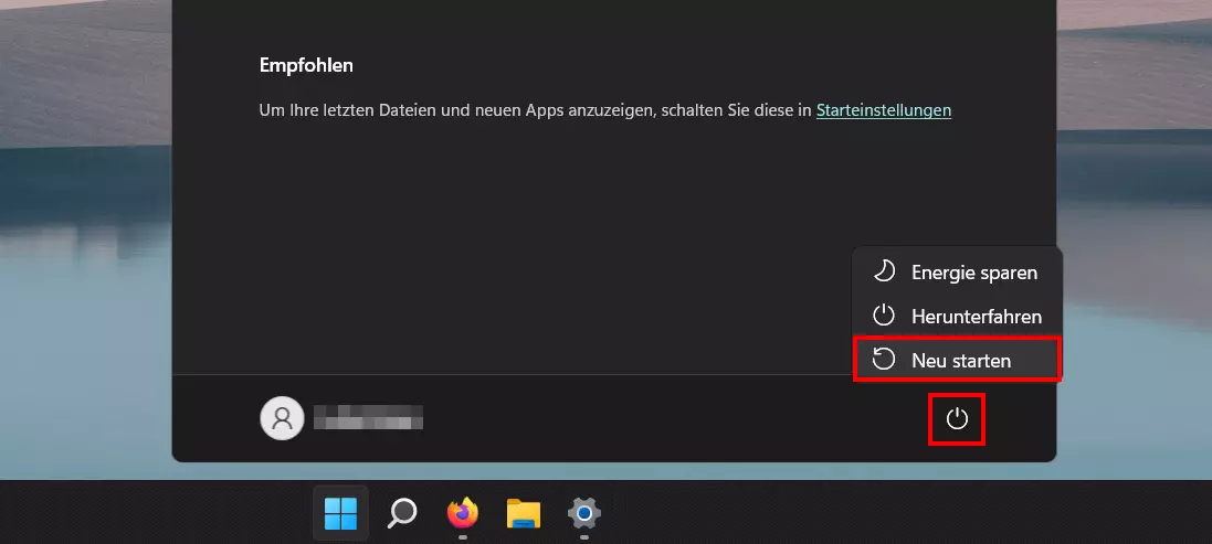 Bild: „Ein/Aus“-Knopf im Windows-11-Startmenü