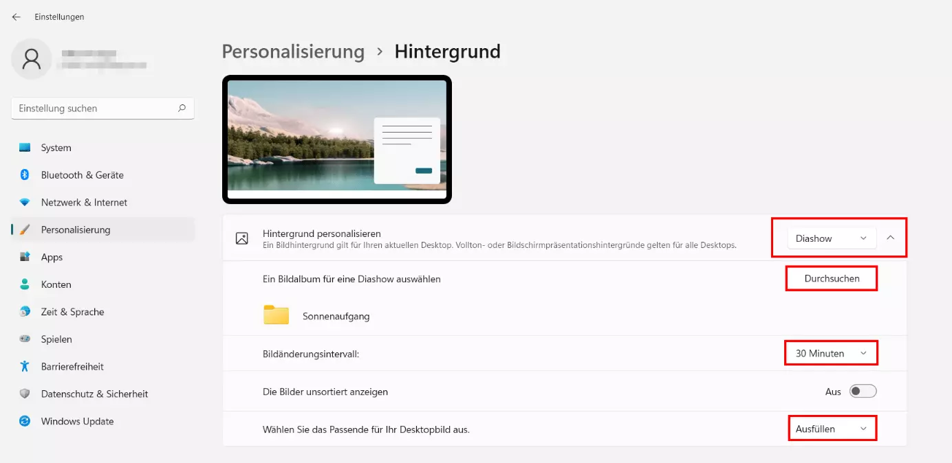 Bild: Windows 11: Desktop-Hintergrund in Diashow ändern