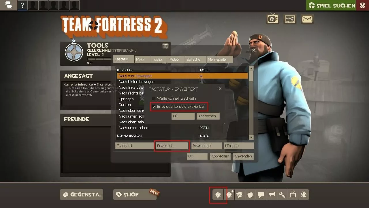 Bild: Startoberfläche von TF2: Entwicklerkonsole aktivieren