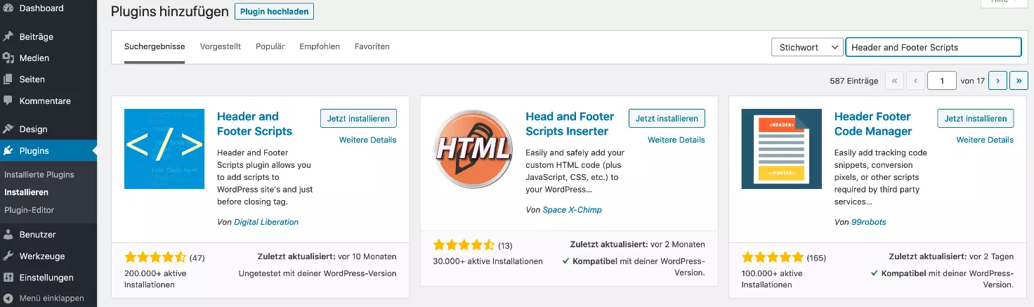 Bild: Header and Footer Scripts Plugin suchen