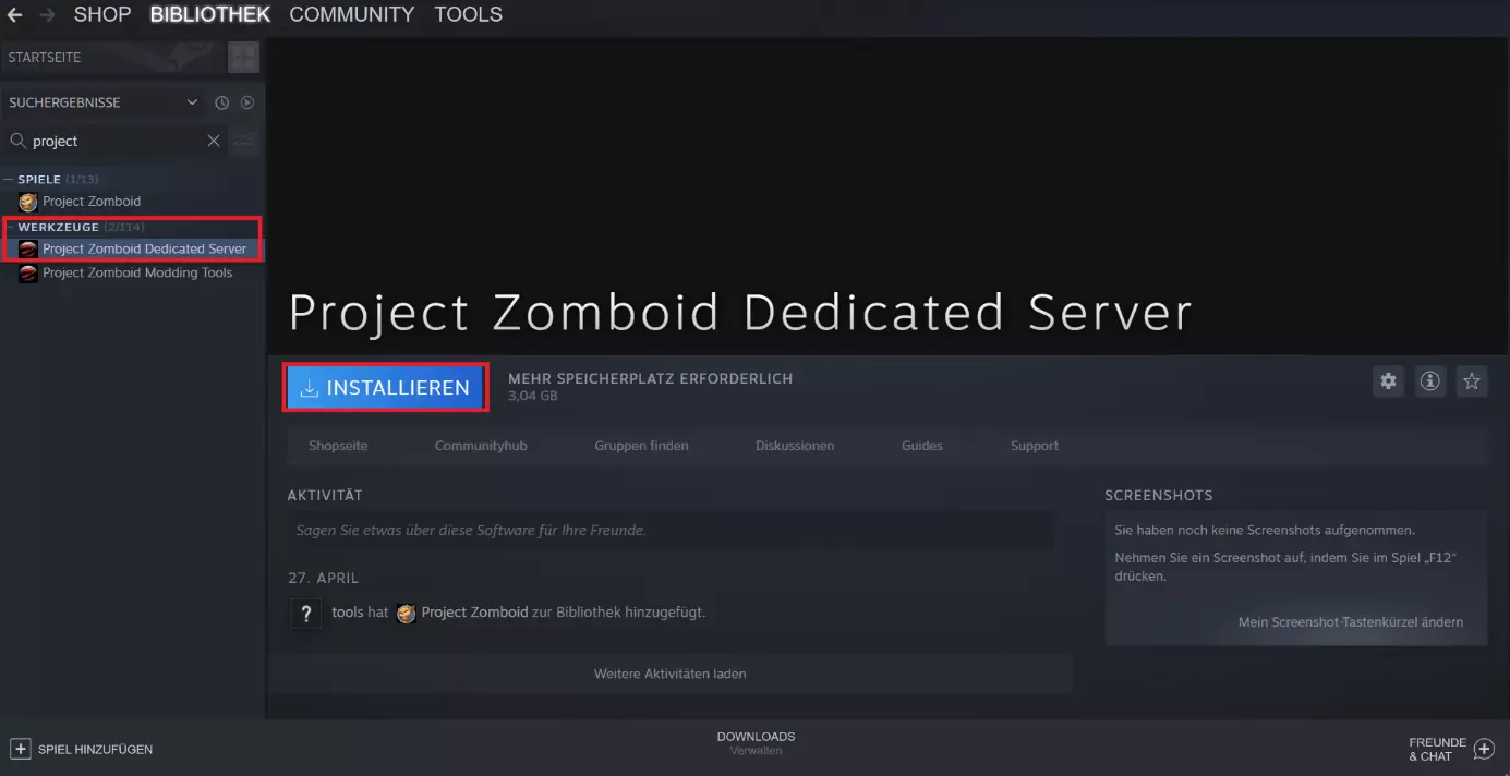 Bild: Startseite der Project-Zomboid-Dedicated-Server-Anwendung bei Steam