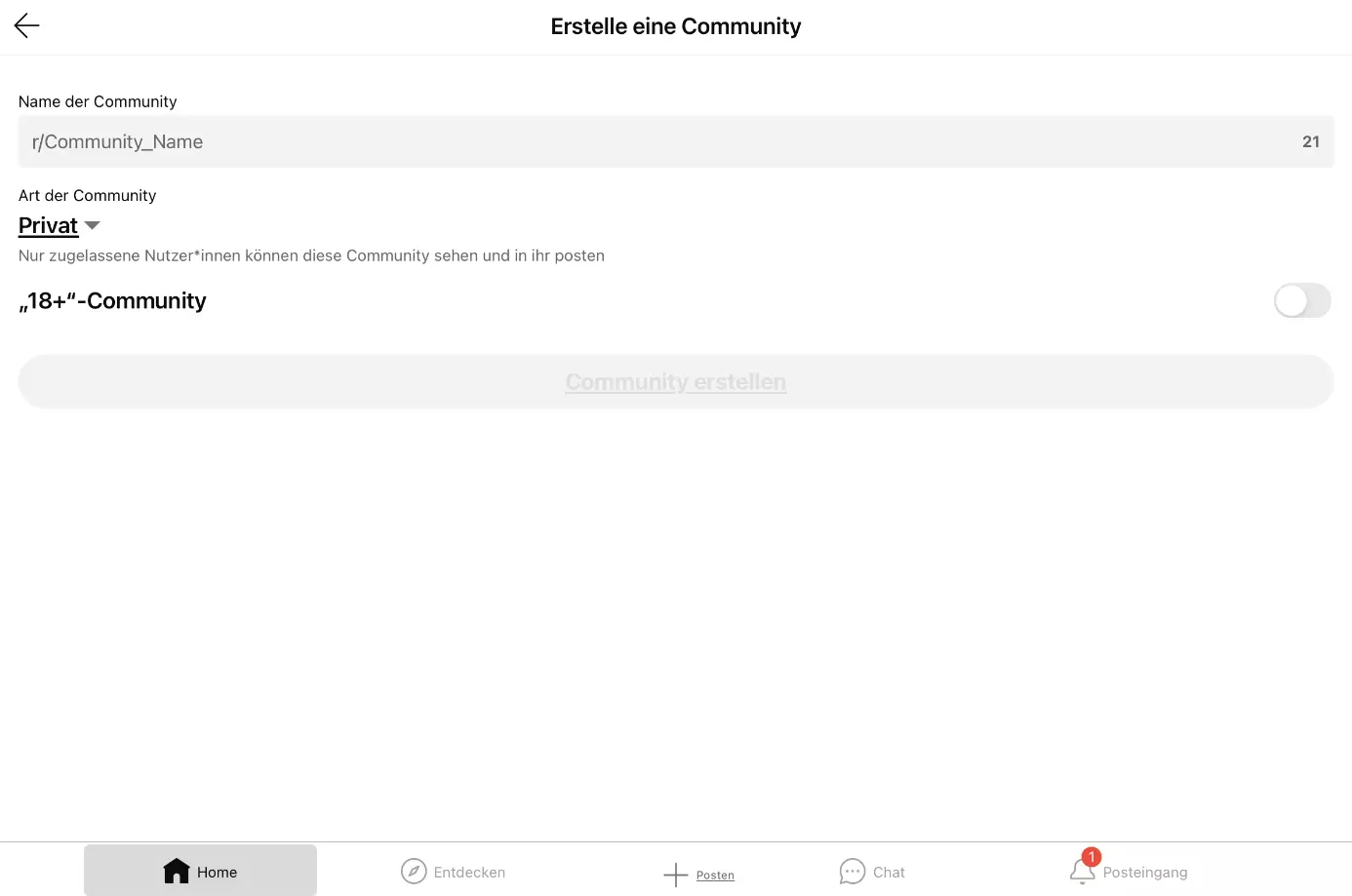 iPad-Screenshot der Community-Erstellung auf der Reddit-App Bild: iPad-Screenshot der Community-Erstellung auf der Reddit-App