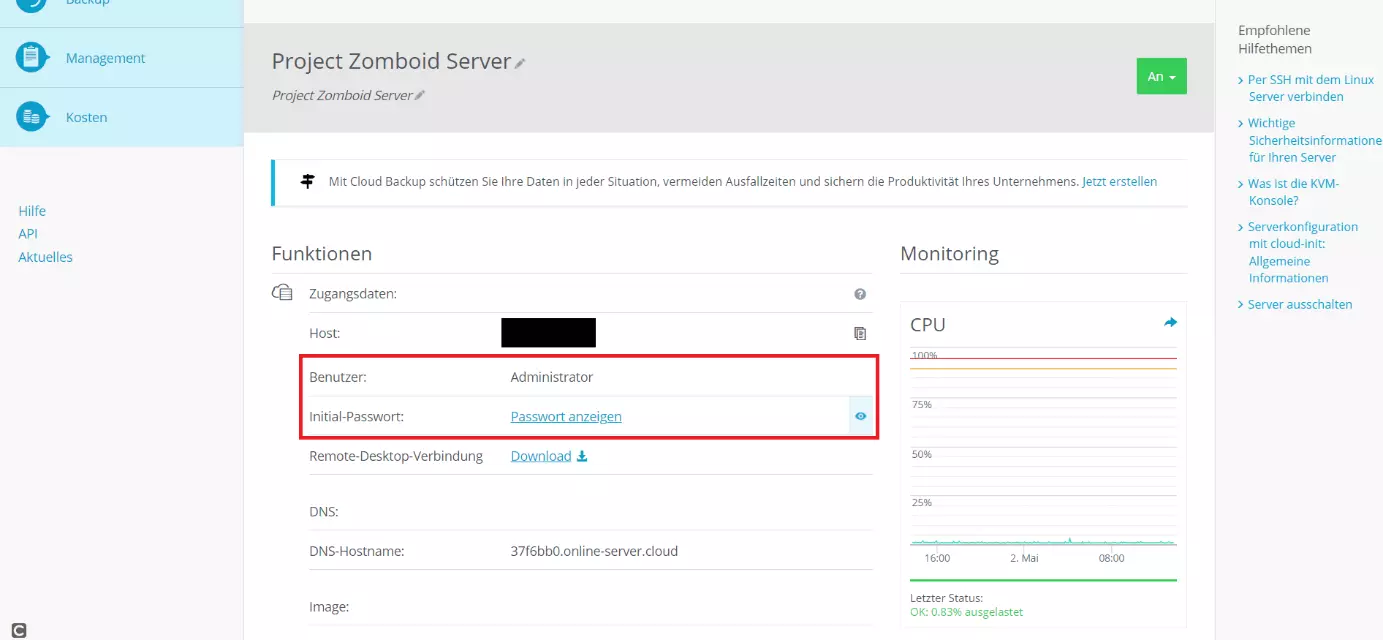 Bild: Anmeldeinformationen für Ihren Server im Cloud Panel
