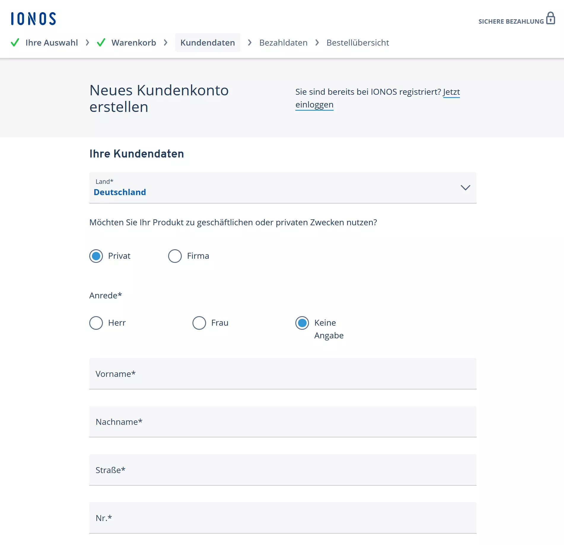 Screenshot des Bestellformulars von IONOS Bild: Screenshot des Bestellformulars von IONOS