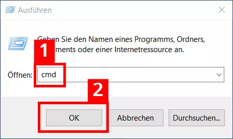 Bild: Start der Eingabeaufforderung über das „Ausführen“-Fenster