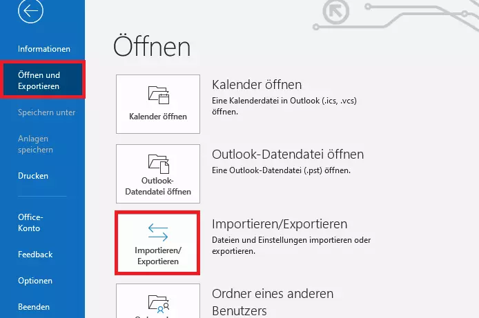 Outlook 365: Öffnen und exportieren Bild: Outlook 365: Öffnen und exportieren