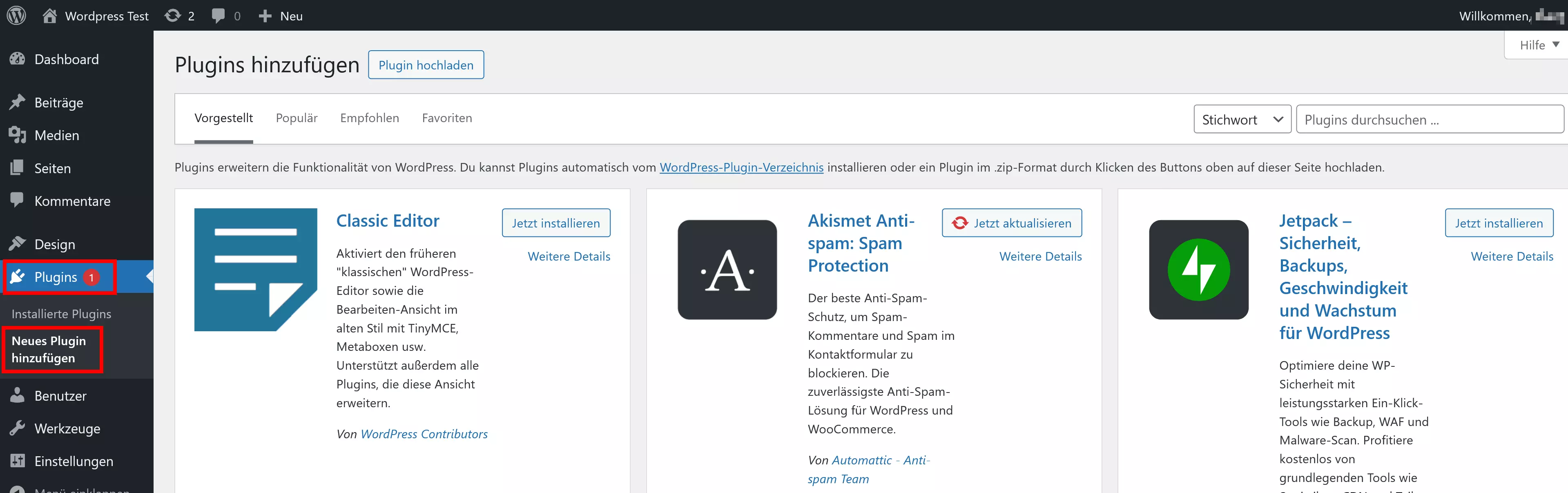 Backend-Bereich, um Plug-ins in WordPress hinzuzufügen Bild: Backend-Bereich, um Plug-ins in WordPress hinzuzufügen